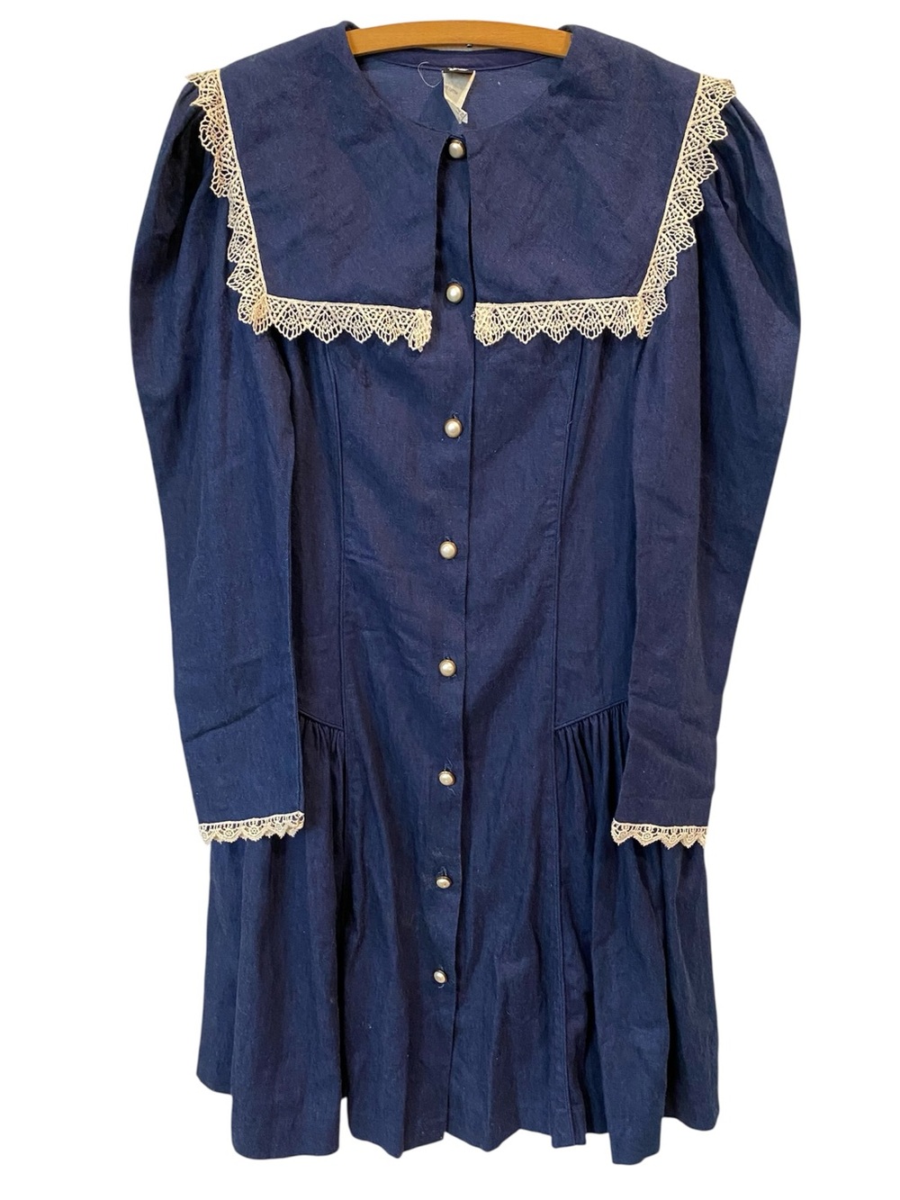 Vintage 80s  Long Sleeve Denim Prairie Blue Dress Bib Collar Cream Lace Cottage